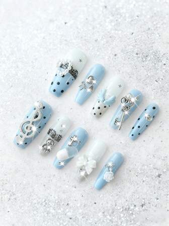 Kawaii 10 Stück süße Flügel, Musiknote, Stern Spitzenrand Polka Punkt handbemalte hochwertige Kunstnägel + 3 Stück doppelseitiger Kleber, abnehmbare & wiederverwendbare Sarg-förmige Fake Nägel, Schleife Element Nagel Aufkleber, geeignet für Feiertage, Partys, Tanzen und den täglichen Gebrauch