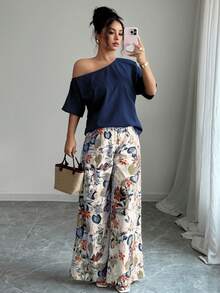 SHEIN VCAY 两件套女士夏季休闲纯色不对称肩部上衣和印花长裤套装 - 寶藍色 - 查看 3