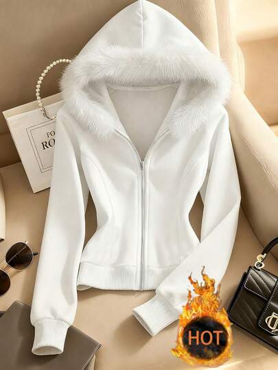 Franclia Women's Autumn/Winter Sweatshirt, Pure White, Hooded, Thermal Lined, Slim Fit, Short Style, Casual, Elegant, Winter