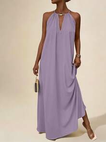 Vesra Women's Sleeveless Halter Neck Dress For Summer Maxi Vacation Beach Outfit - Purple - View 4