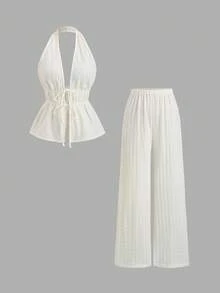 Sweetra 新款格子露背吊带休闲阔腿裤女装杏色两件套，适合春夏度假和日常休闲穿着 - 杏色 - 查看 1