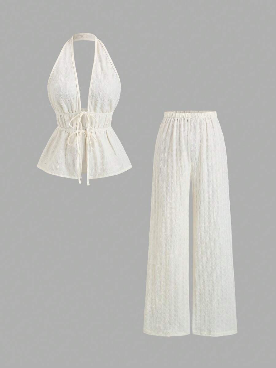 Sweetra 新款格子露背吊带休闲阔腿裤女装杏色两件套，适合春夏度假和日常休闲穿着 - 杏色 - 查看 1