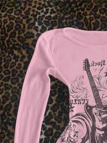 Women's Casual, Daily, Commuting, Fashion, Street, Guitar & Letter Print Long Sleeve T-Shirt, Spring/Autumn - Baby Pink - View 3