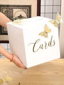 1个优雅白色卡片盒，内含12个金色镂空蝴蝶贴纸，采用烫金工艺设计，是婚礼礼物、婚礼现金盒、周年纪念、生日派对、毕业典礼餐桌中心装饰、婚礼装饰、家居装饰的完美之选（包含10张贺卡） - 白色 - 查看 5