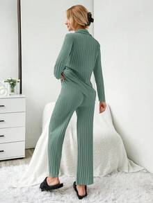 EURMUSE 2pcs Set Open Front Contrast Stitching Slogan Print Ribbed Pajamas - Mint Green - View 2