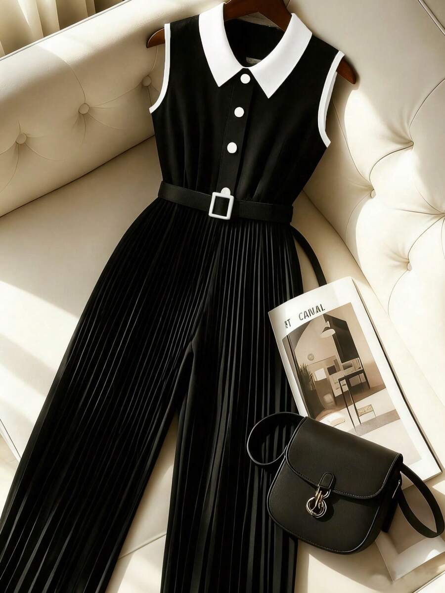 Franclia Women's Elegant Color Block Collared Sleeveless Cinched Waist Half-Zip Front Pleated Jumpsuit, Casual For Spring/Summer - Black - View 1