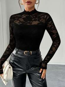 Rafferiza Women's Elegant Solid Color Lace Collar Long Sleeve T-Shirt - Black - View 4