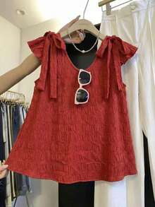 Resyla 2026新款女士春季风衬衫 - 红色纹理面料，蝴蝶结肩带，V领荷叶袖上衣，适合休闲、办公和度假穿着 - 紅色 - 查看 1