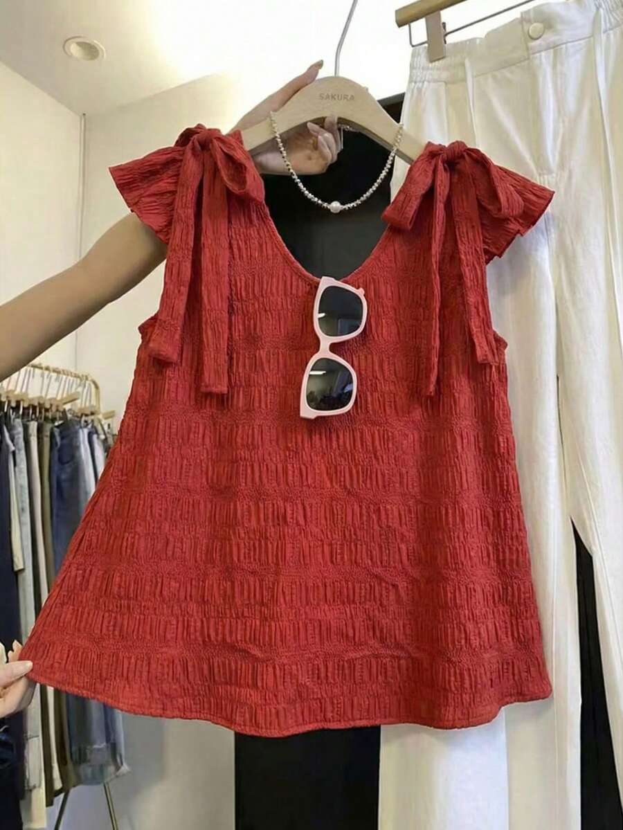 Resyla 2026新款女士春季风衬衫 - 红色纹理面料，蝴蝶结肩带，V领荷叶袖上衣，适合休闲、办公和度假穿着 - 紅色 - 查看 1