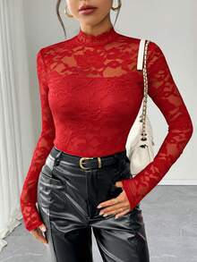 Rafferiza Women's Elegant Solid Color Lace Collar Long Sleeve T-Shirt - Red - View 5