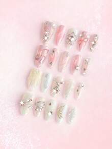 ROMWE Anime 10pcs Cute Wings, Rose, Bow, Music Note, Star Element High Quality Handmade False Nails + 3pcs Double-Sided Adhesive, Y2K Style Rhinestone Pink Polka Dot White Lace Removable Manicure Stickers, Suitable For Holidays, Parties, Dancing And Daily Wear - Multicolor - View 1