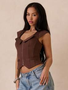 SHEIN Glamour Mångsidig sommar-T-shirt med fuskfickor och dragkedja för kvinnor - Brun - Visa 2