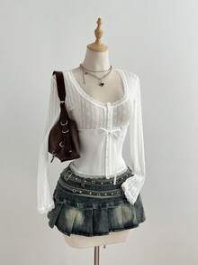 Elamini White Ribbon Lace Trim Jacquard Knit Long Sleeve T-Shirt For Women - White - View 7