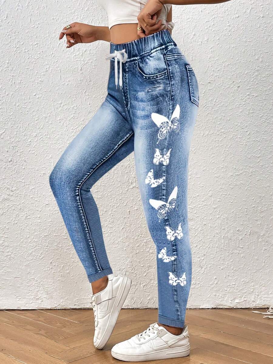 SHEIN LUNE Women Fashionable And Versatile Skinny Jeans With Elastic Waistband And Denim Effect Print Fall Cloth For Women - Blue - View 1