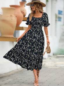 EMERY ROSE 女士碎花泡泡袖中长连衣裙 - 藏蓝色 - 查看 5