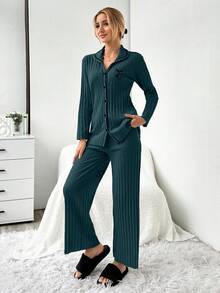 EURMUSE Women Ribbed Lapel Single-Breasted Letter Embroidery Pattern Long Sleeve Top And Wide-Leg Pants Casual Loungewear Set - Navy Blue - View 3