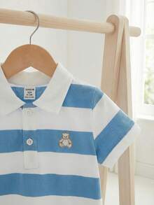 Souflis Souflis 3 قطعة/طقم قمصان بولو أكمام قصيرة بطراز فرنسي رجعي بلون أزرق فاتح، أبيض، أزرق سادة، أزرق مخطط، متعددة الاستخدامات للمدرسة واللعب والمناسبات المختلفة، ملابس علوية للأولاد الصغار - متعدد الألوان - مشاهدة 4