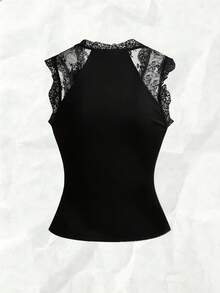 Olithes Top elegant și romantic, tricotat, fără mâneci, din dantelă patchwork, cu decolteu scobit, croială strâmtă și talie - Design strângător: Interpretând luxul ușor și stilul fermecător - Negru - Vizualizare 2