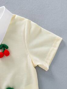 两件套女童套装，短袖露脐Polo衫和百褶裙，饰有3D樱桃图案，女童夏季套装，新品上市 - 黃色 - 查看 4