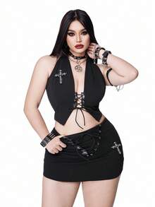 Whyspr Plus Size Sexy Spaghetti Strap Tie Strap Rhinestone Cross Decor Bodycon Mini Skirt 2 Pieces Set, Spring/Summer - Black - View 1