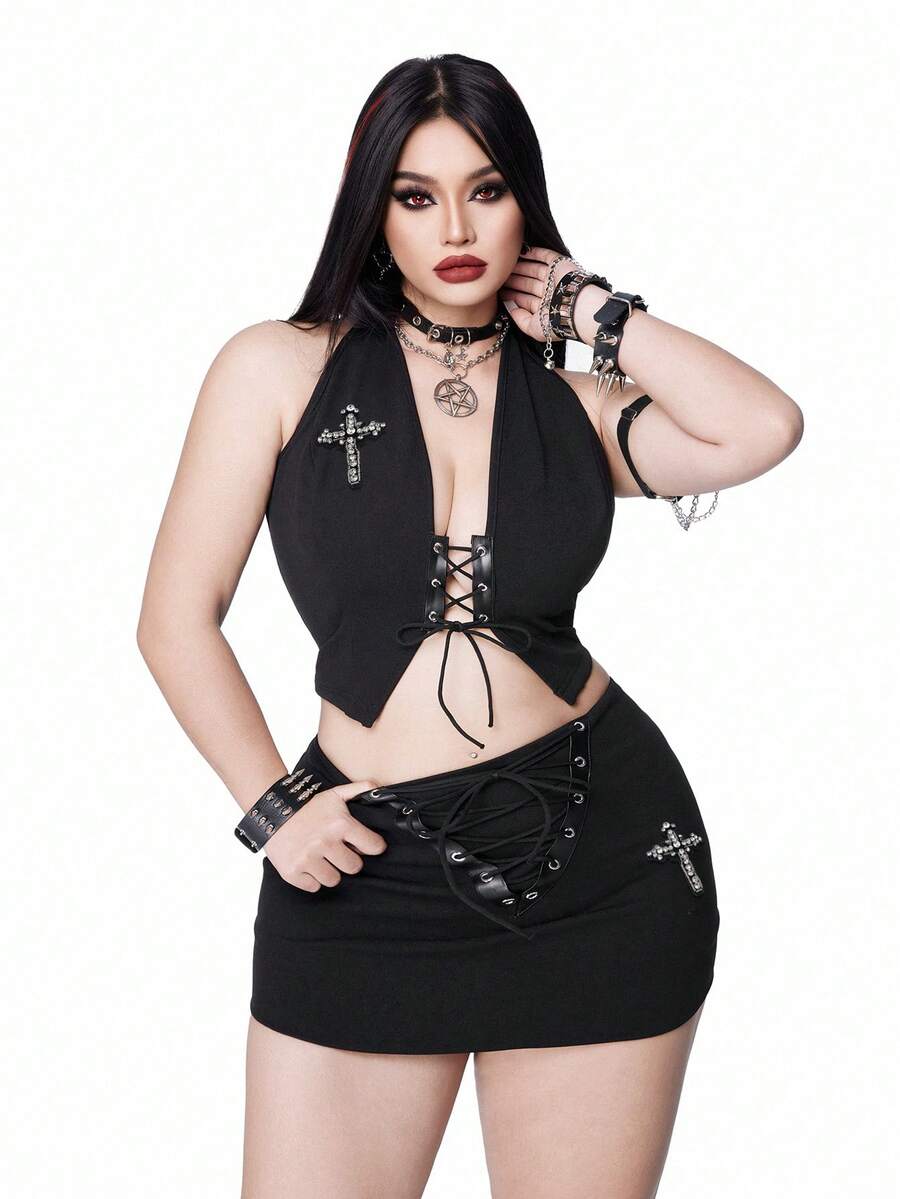 Whyspr Plus Size Sexy Spaghetti Strap Tie Strap Rhinestone Cross Decor Bodycon Mini Skirt 2 Pieces Set, Spring/Summer - Black - View 1