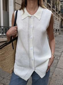 SHEIN PariChic Women's Plain Semi-Sheer Knit Sleeveless Cardigan With Collar And Button Front Detailing - Beige - View 3