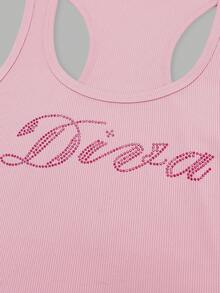 Rina Fox Áo tank top ngắn tay đính đá và chữ cái dành cho nữ cỡ lớn, áo ba lỗ mùa hè màu hồng, áo thun gân, áo crop top in tên theo yêu cầu. - Hồng - Xem 5