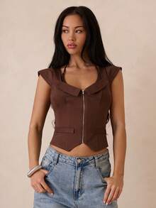 SHEIN Glamour Mångsidig sommar-T-shirt med fuskfickor och dragkedja för kvinnor - Brun - Visa 6