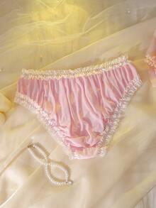 DelicateAllure Plus Size Lace Patchwork Ruffled Bowknot Sheer Hazy Cute Sexy Babydoll Panties, Pink - Pink - View 7