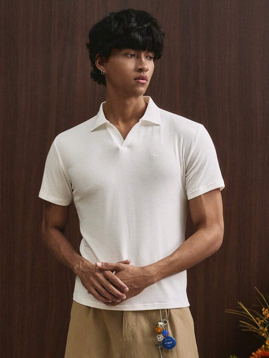 TOKVUE Camisa polo de manga corta de uso diario casual, de corte slim y unicolor para hombres - Beis - Ver 1