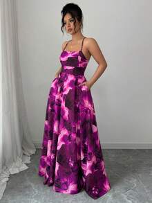 Elenzga Đầm dài nữ in họa tiết mực, thắt dây chéo - Màu Hồng Tươi - Xem 3