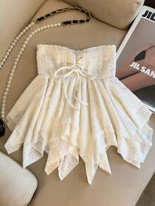 GlowEve Women's Jacquard Knit Tie-Up Bow Bandeau Asymmetrical Hem Vacation Blouse - Apricot - View 1