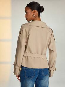 RueChic Women Solid Color Belted And Button Detailed Trench Coats - Beige - View 3