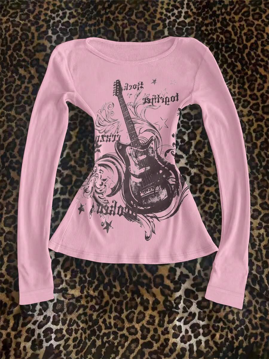 Women's Casual, Daily, Commuting, Fashion, Street, Guitar & Letter Print Long Sleeve T-Shirt, Spring/Autumn - Baby Pink - View 1