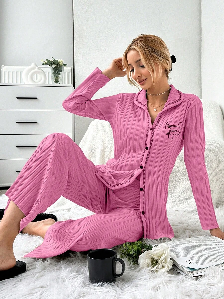 EURMUSE 2pcs Set Open Front Contrast Stitching Slogan Print Ribbed Pajamas - Pink - View 1