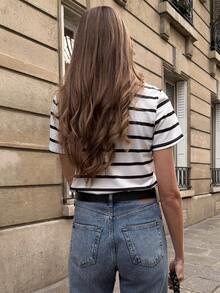 Pariaura Striped Print Notch Neck Casual Versatile Short Sleeve T-Shirt - Multicolor - View 2