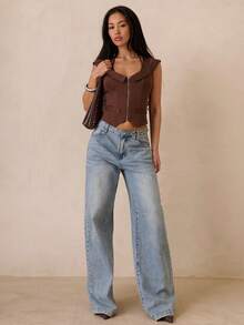 SHEIN Glamour Mångsidig sommar-T-shirt med fuskfickor och dragkedja för kvinnor - Brun - Visa 4