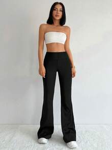 SHEIN Cottnline Plus Size Flare Leg Solid Color Pant Flared Leggings, Tall Women - Black - View 4
