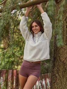 Aralina Áo nỉ lông xù mềm mại, in hoa, kiểu dáng thường ngày, cổ cài nửa thân, có dây rút bên trong, thích hợp cho tập gym, tập luyện hoặc đi sân bay. - Màu be - Xem 4