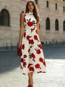 玫瑰印花立领无袖A字优雅连衣裙（女款） - 紅色 - 查看 4