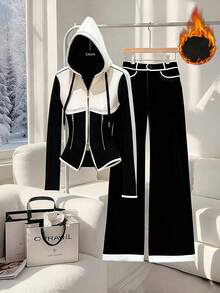 GlowEve 女式优雅撞色修身腰部假口袋金属拉链连帽衫和喇叭裤两件套，秋冬 - 白色 - 查看 1