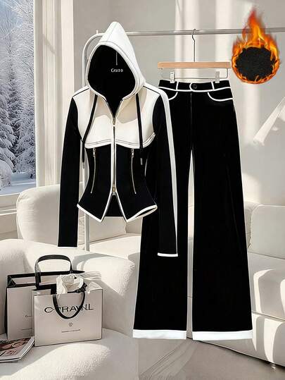 GlowEve 女式优雅撞色修身腰部假口袋金属拉链连帽衫和喇叭裤两件套，秋冬