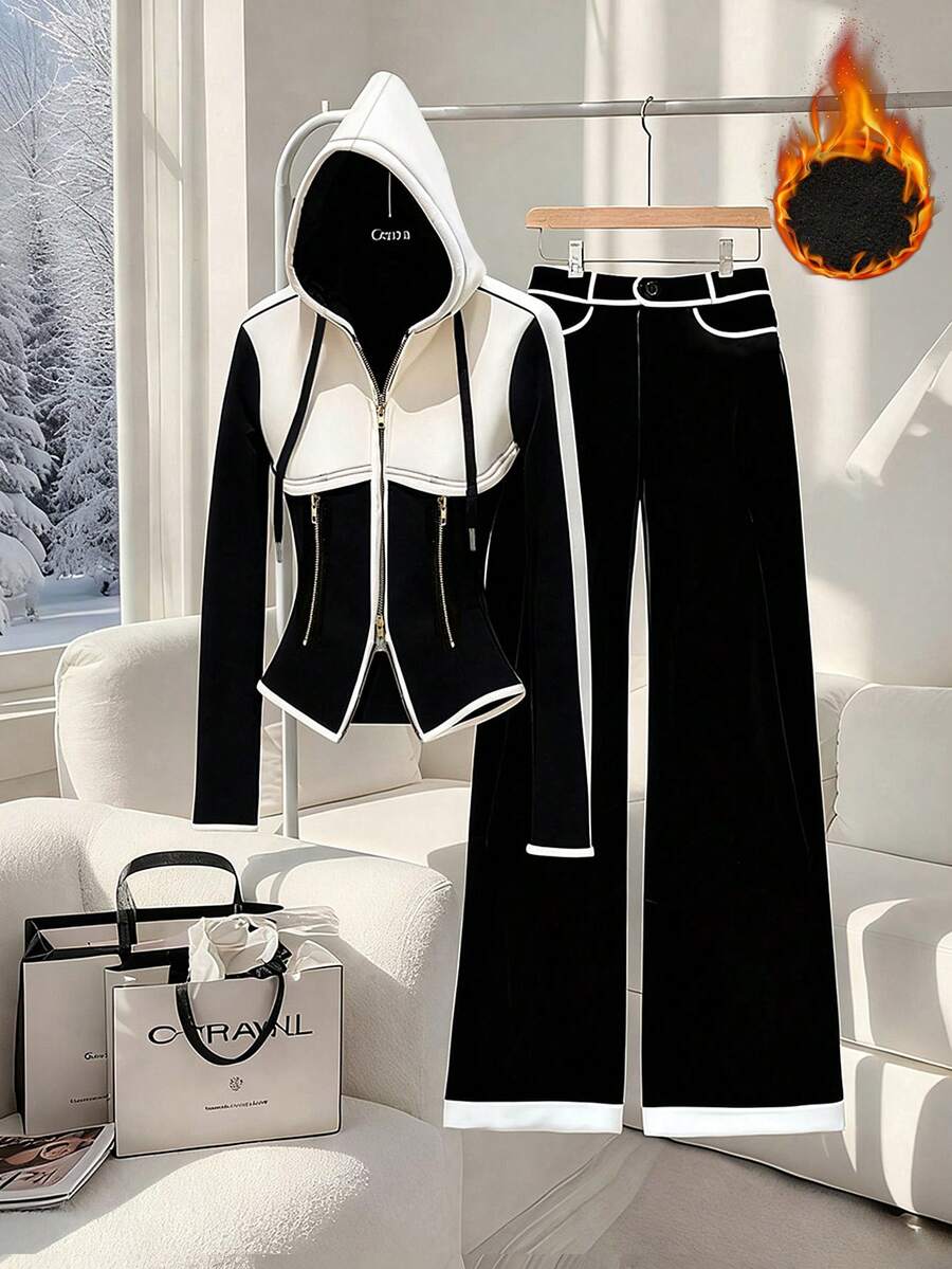 GlowEve 女式优雅撞色修身腰部假口袋金属拉链连帽衫和喇叭裤两件套，秋冬 - 白色 - 查看 1