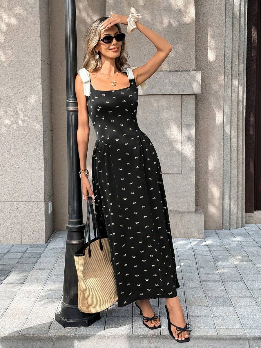 Chiquease French Vintage Bow Print Tie-Shoulder Dress,Women's Elegant Square Neck Slim Fit Maxi Dress For Summer,Black N White Tea Party Sundress - Black - View 1