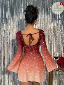 Aloruh 优雅蝴蝶结露背性感酒红色渐变闪光面料修身迷你连衣裙 - 适合婚礼宾客、新年、情人节、约会、夜店等场合的女士红色连衣裙 - 彩色 - 查看 2