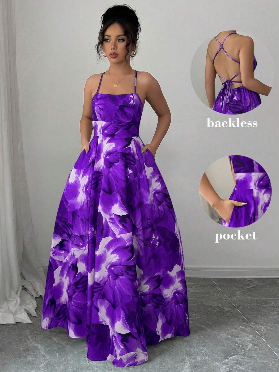 Elenzga Đầm dài nữ in họa tiết mực, thắt dây chéo - Màu tím - Xem 1