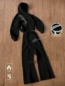 TOKVUE 男士弹力纯色街头风灰色运动套装，刺绣细节，男士运动服，男士两件套运动服 - 黑色 - 查看 4