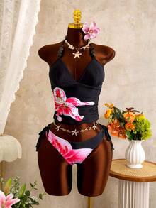 Zestiva 2026 New Women's Summer Beach Viral Vacation Beaded Floral Print Black Ruched Tie-Waist Pants Side Tie Backless Sexy Camisole Strap Bikini Set 2-Piece Set - Black - View 1