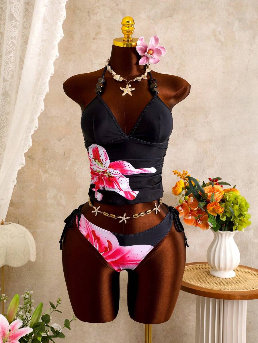Zestiva 2026 New Women's Summer Beach Viral Vacation Beaded Floral Print Black Ruched Tie-Waist Pants Side Tie Backless Sexy Camisole Strap Bikini Set 2-Piece Set - Black - View 1
