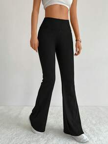 SHEIN Cottnline Plus Size Flare Leg Solid Color Pant Flared Leggings, Tall Women - Black - View 1